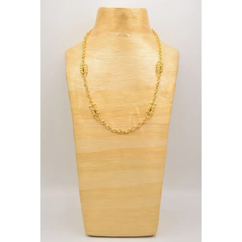 Vintage Station Chain Necklace Brushed Gold Rhinestone Crystal Linked 1980s 9J